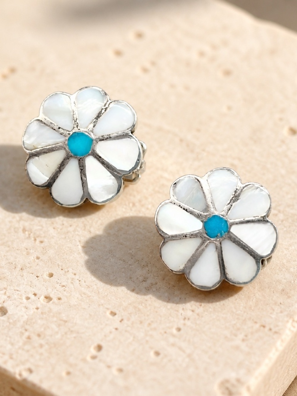 White Mother-of-Pearl Daisy clip on earrings with Turquoise sterling silver
